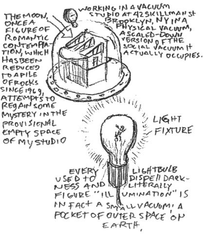 the moon, once a figure of romantic contemplations, which has been reduced to a pile of rocks since 1969, attempts to regain some mystery in the provisional empty space of my studio. working in a vacuum, studio at 42 skillman st brooklyn, ny in a physical vacuum, a scaled-down version of the social vacuum it actually occupies. light fixture, every lightbulb used to dispell darkness and literally figure 'illumination' is in fact a small vacuum; a pocket of outer space on earth. 