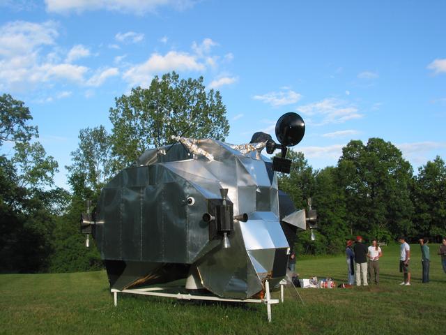 LEM, 2003-2007, 13'X11'X14', aluminum, steel, epoxy, wood, rubber, money
Lunar Excursion Module, right rear 3/4 view at Art Omi, 2004