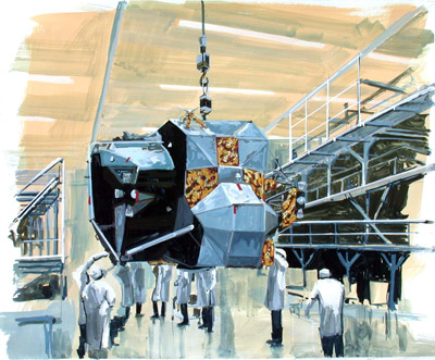 LEM with NASA Technicians, 2001, gouache on paper, 17x14 ins (43x35,5 cm)